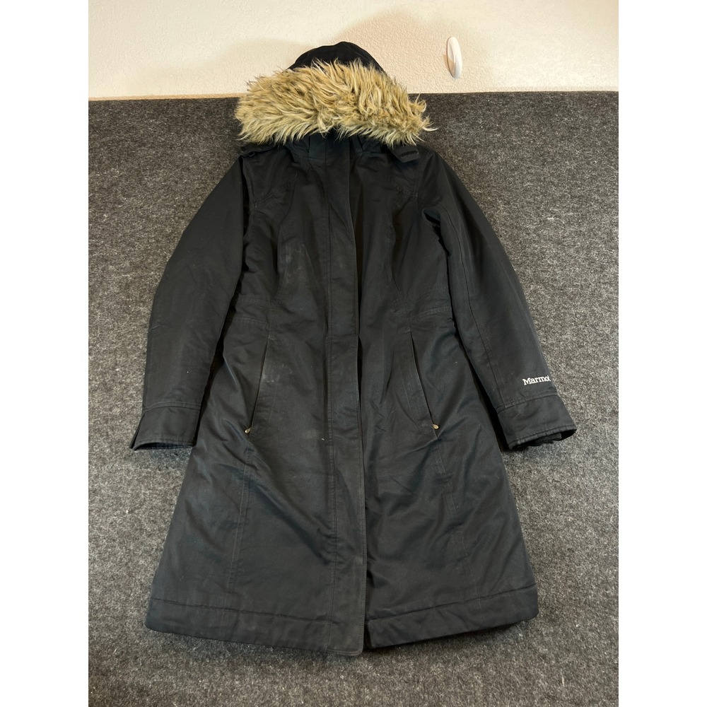 Marmot Montreal Parka Coat Black Faux Fur Hood 700 Fill Power Down Womens Small